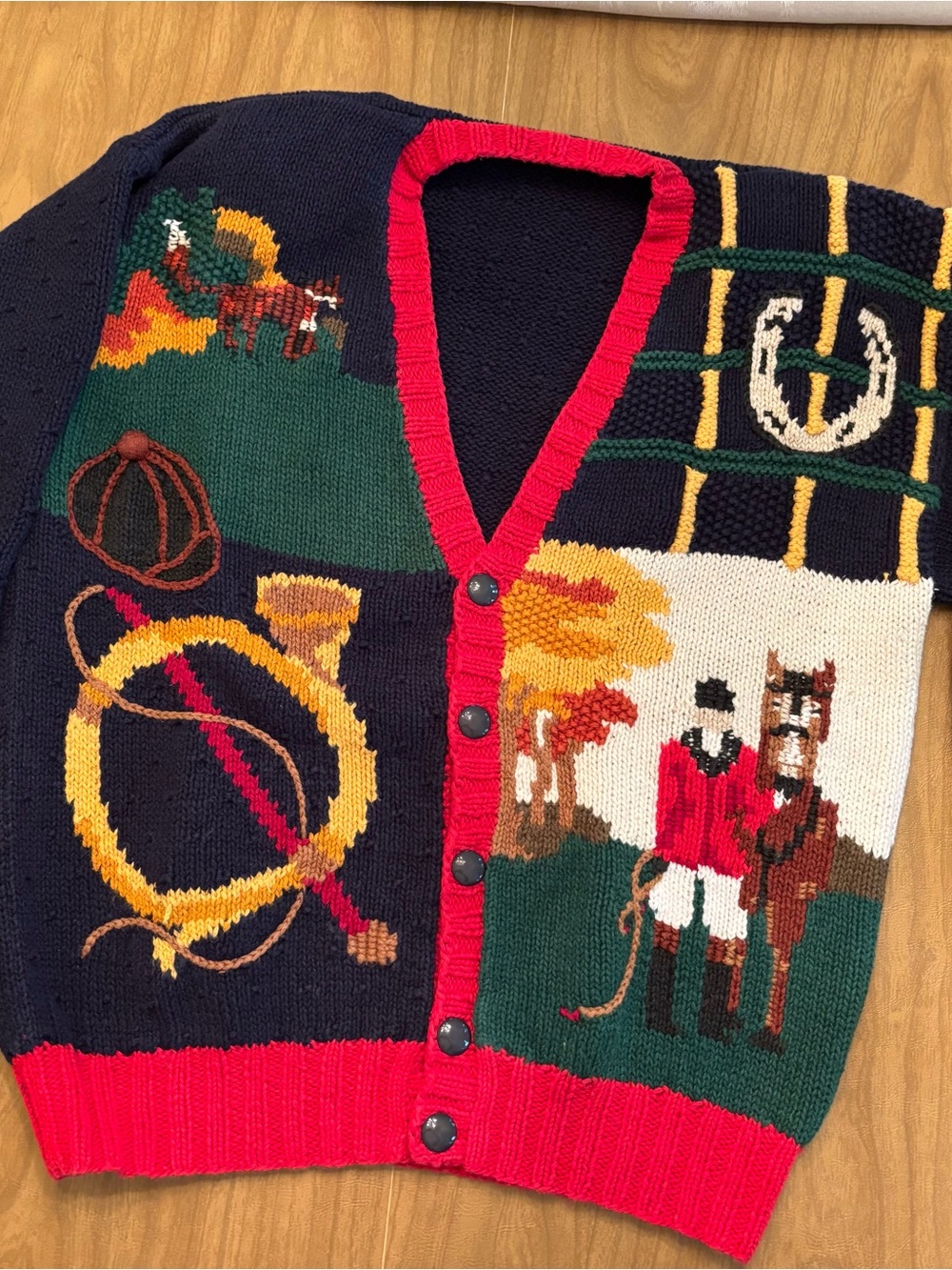 Vintage Navy Equestrian Patchwork Cardigan Sweater - Red Trim